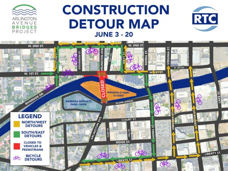 Construction Detour Map showing First Street and Arlington Avenue closure.