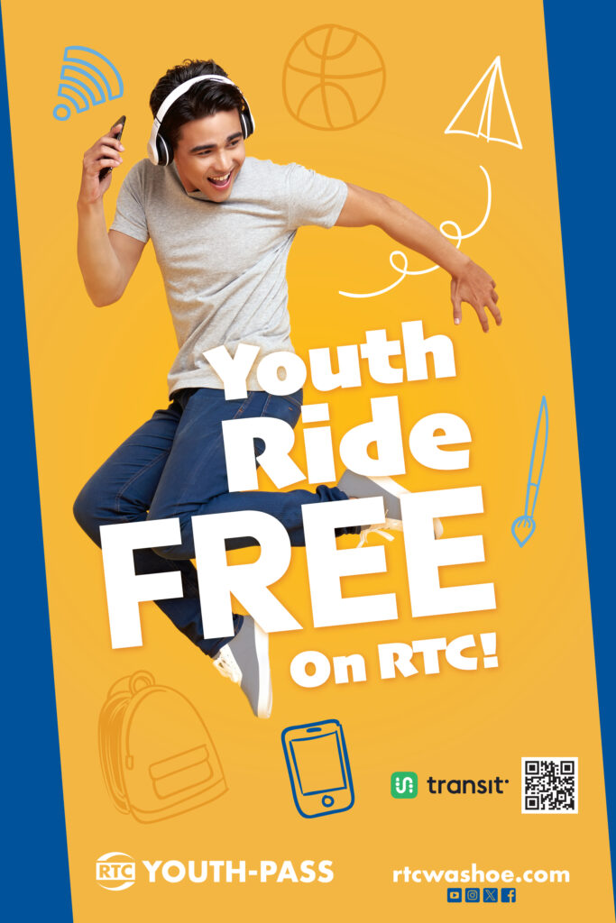 Poster saying "Youth Ride FREE on RTC" with a youth boy jumping in the air.