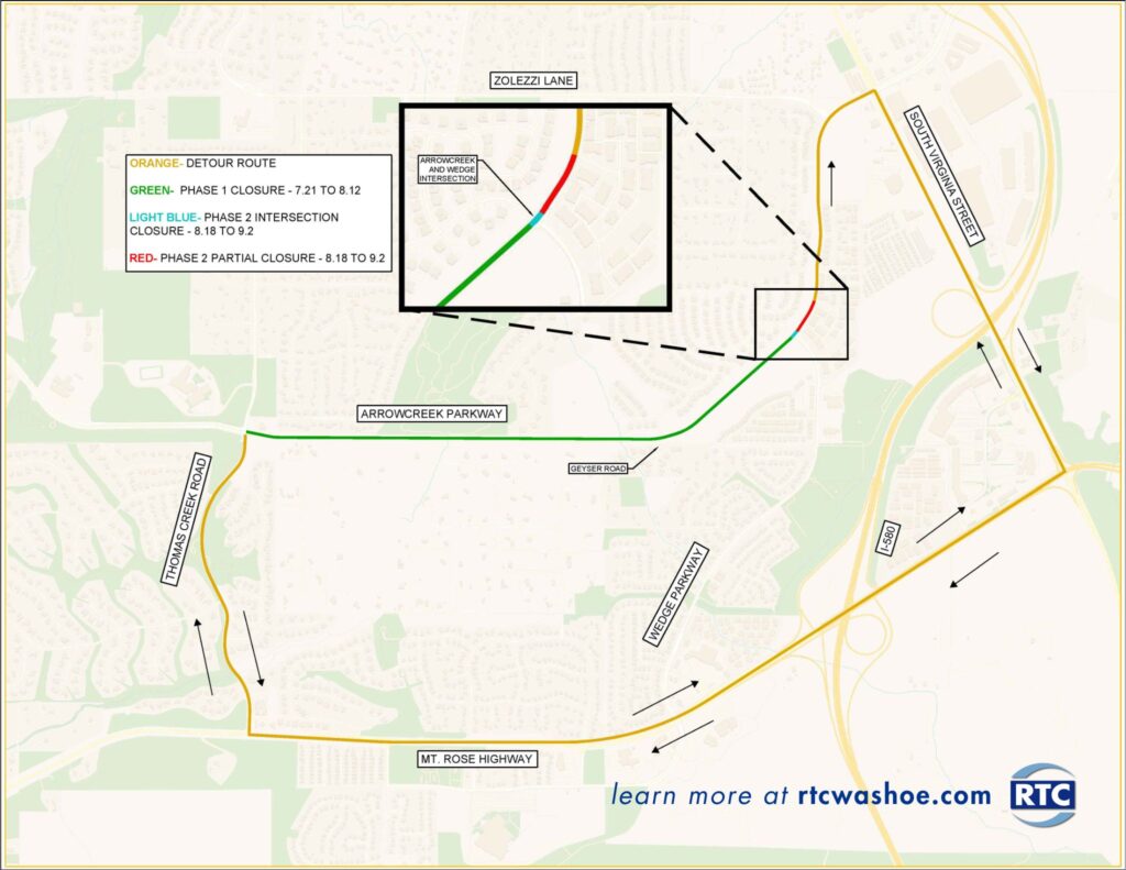 A map showing the recommended detour during the Arrowcreek closure.