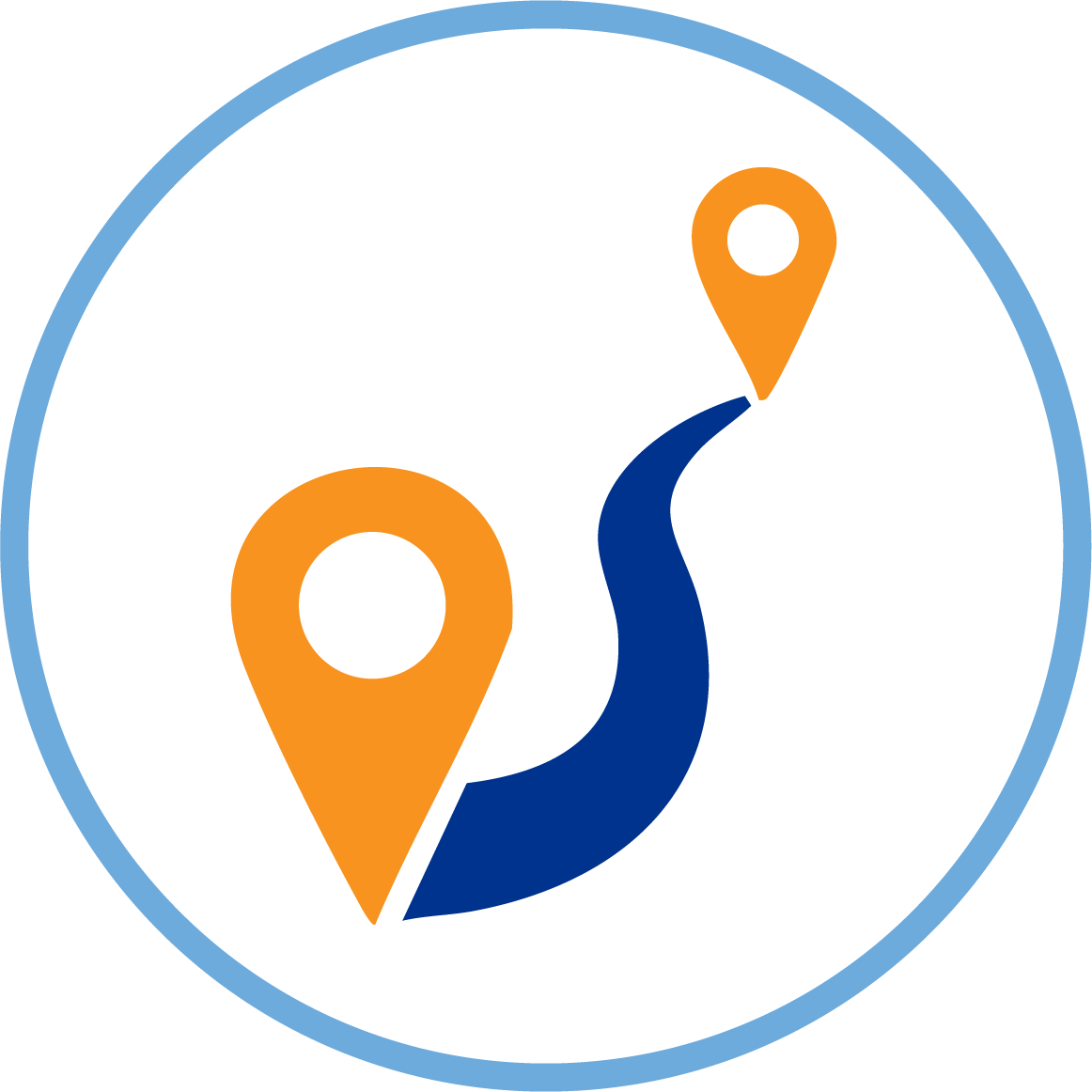 Illustrated icon of two location pin points with a small line connecting them, all enclosed within a circular border.