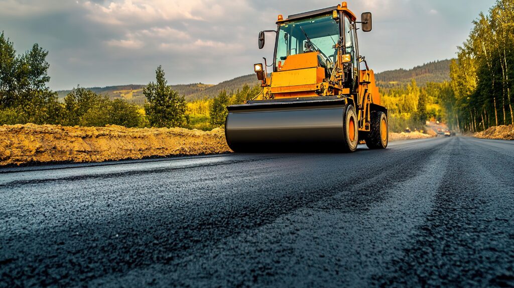 A steamroller flattening fresh asphalt on a newly constructed road