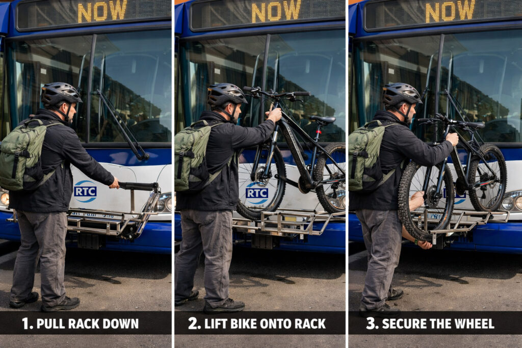 A man loading a bike on a bus 