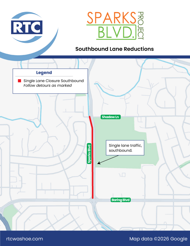 Map showing southbound lane reductions on Sparks Boulevard from Baring to Shadow.