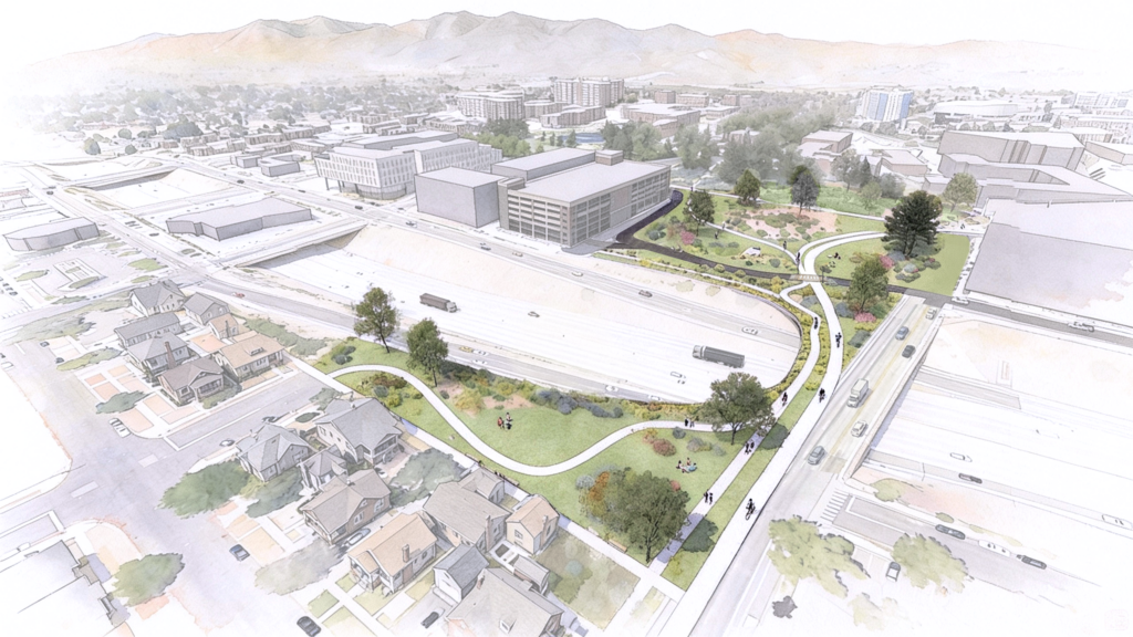 A rendering of a potential park and pedestrian path across I-80 as part of the University Gateway Project.